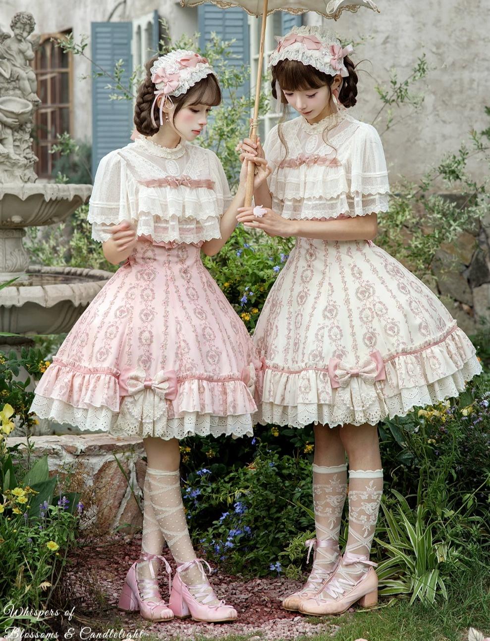 Whispers of Blossoms & Candlelight - Sweet Lolita Floral Printed JSK Dress with Bows