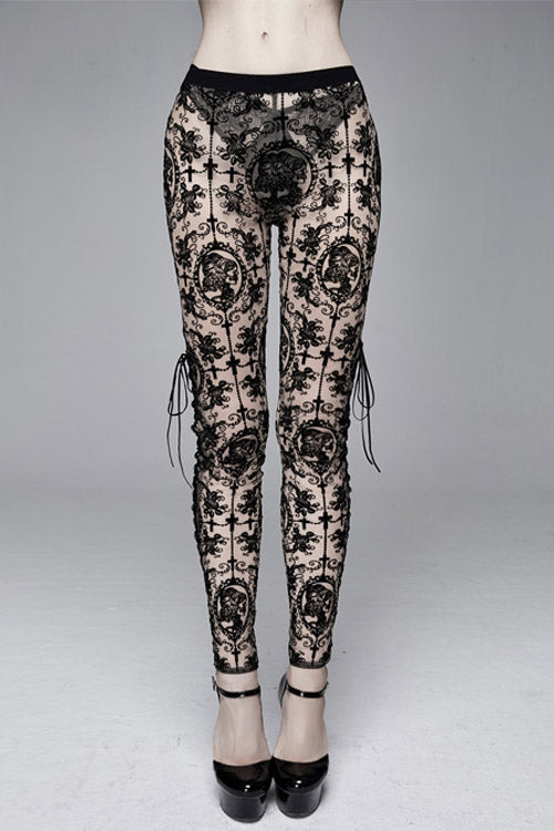 Brown Flocking Printing Mesh Side Lace Up Leggings Womens Pants