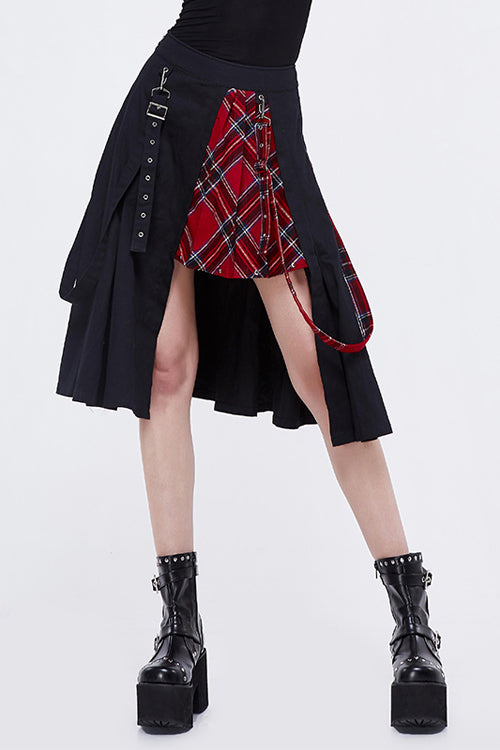 Black And Red Young Girls Fake 2 Pieces Scottish Plaid With Adjust Loops Punk Skirt