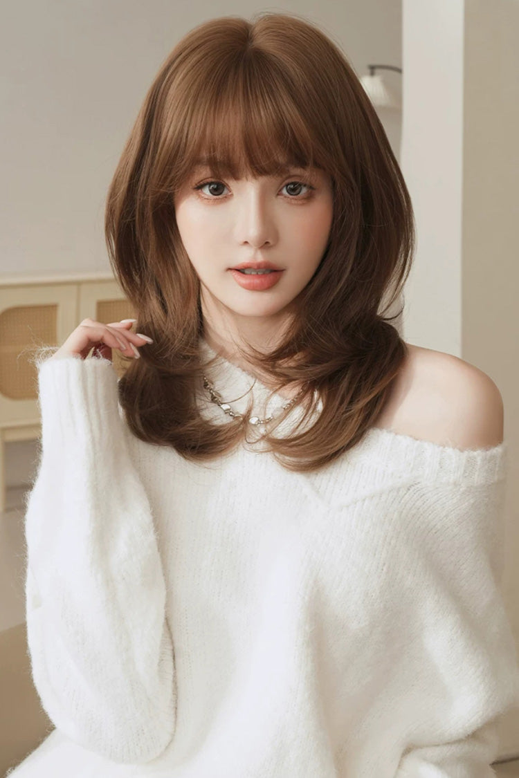 Milk Coffee Full Air Bangs Multi-Layered Sweet Lolita Collarbone Length Wig