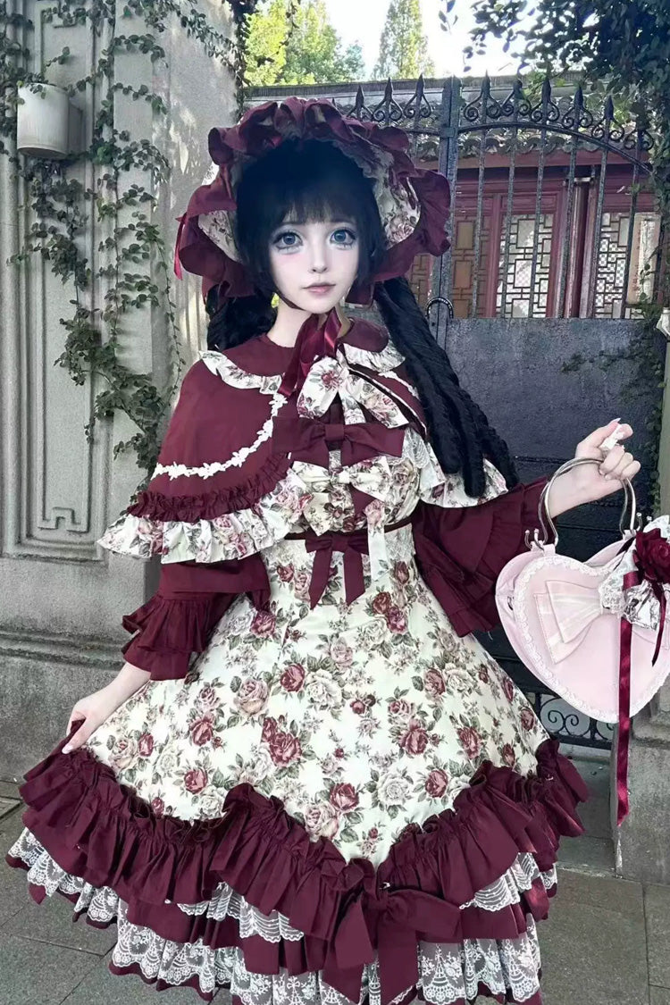 Burgundy Rose Flower Wall Printed Off Shoulder Sleeveless Ruffled Bow Lace Gothic Lolita Jsk Dress