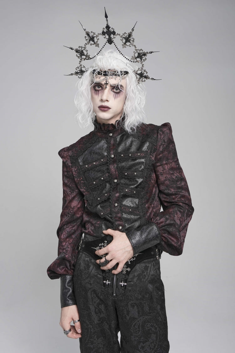Black/Red Stand Collar Long Lantern Sleeves Floral Print Embroidery Men's Gothic Blouse