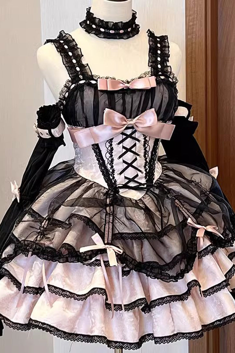 Black/Pink Sleeveless Multi-layer Ruffle Bowknot Lace-Up Gothic Princess Lolita Jsk Dress