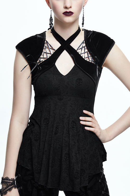 Black Sexy Halter Skull Pattern Velvet Womens Gothic T-Shirt