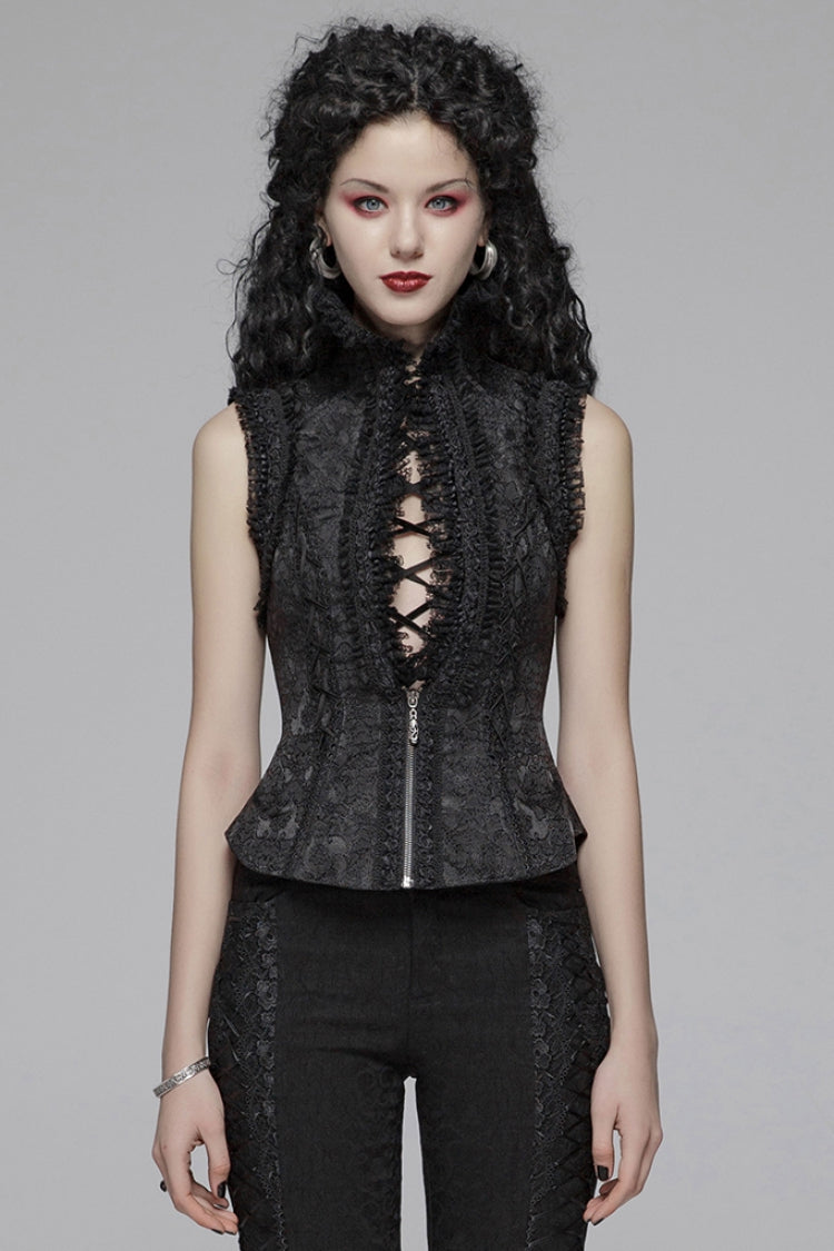 Black Stand Collar Sleeveless Floral Embroidery Lace Mesh Women's Gothic Waistcoat