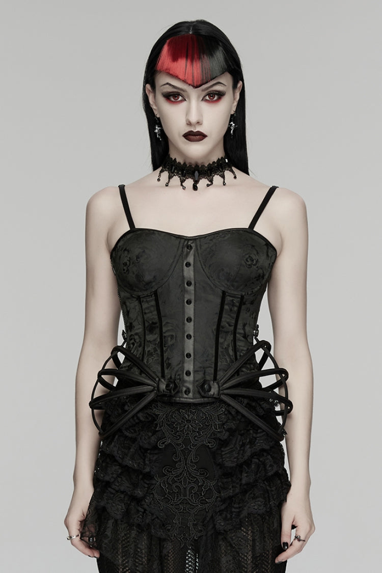 Black Sleeveless Rose Jacquard Lace-Up Women's Gothic Overbust Corset