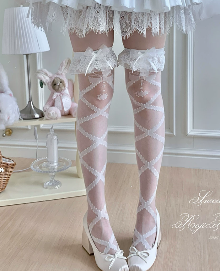 Lolita Cross Printed Socks with Layered Lace Trim Cuff