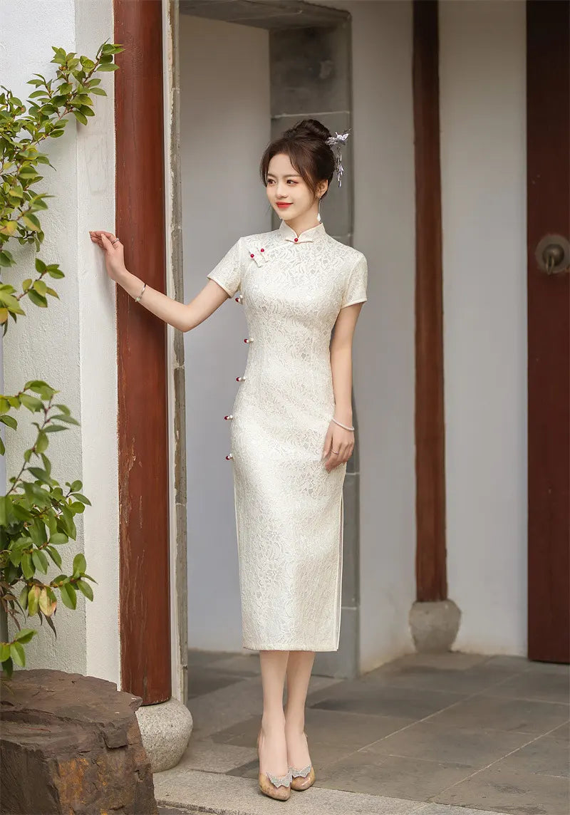 White Floral Modern Lace Qipao with Red Frog Buttons