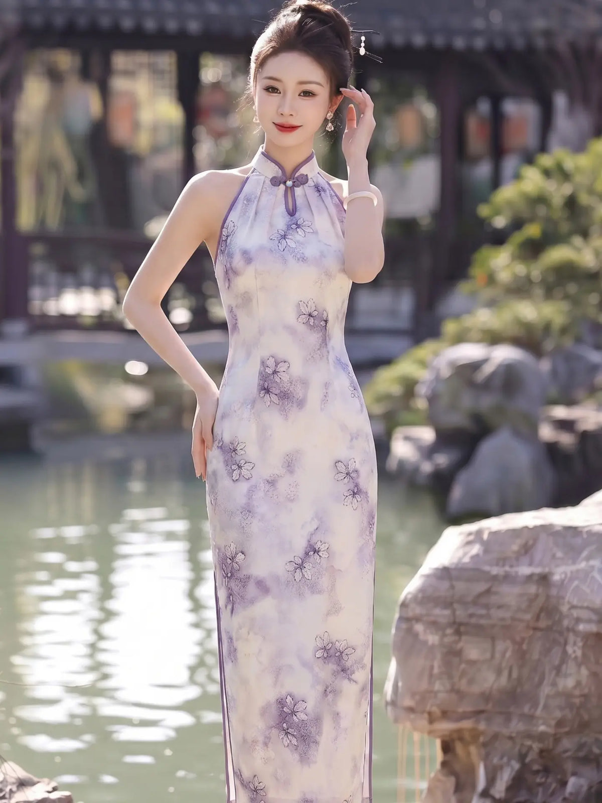 Purple Modern Halter Neck Floral Jacquard Qipao Dress