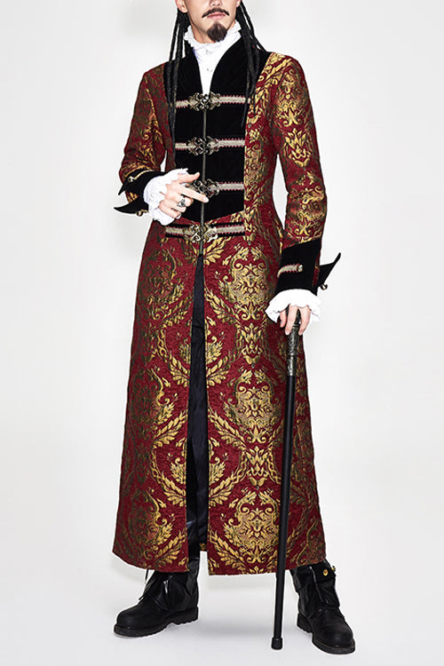 Pirate Style Red And Gold Jacquard Gothic Mens Long Coat