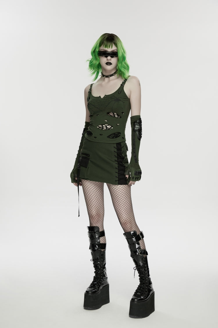 Black/Green Lace-Up Slim Asymmetric Zippered Eyelet Women's Punk Handsome Skirt
