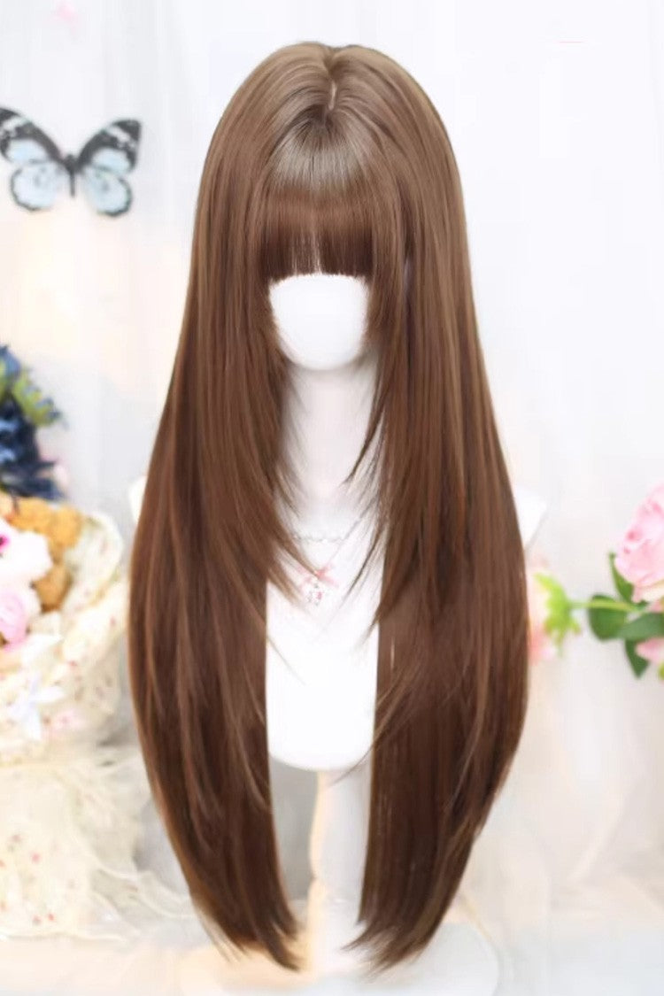 Warm Caramel Brown Wispy Air Bangs Straight Sweet Japanese Style Lolita Wig