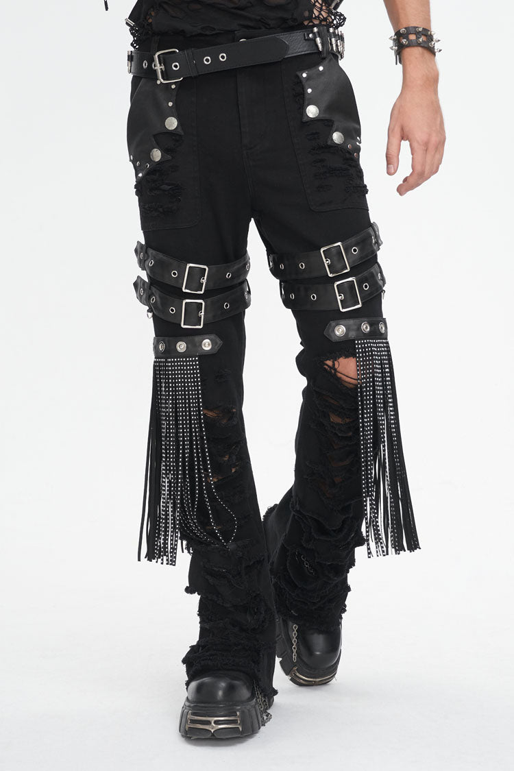 Black High Waisted Ripped Detachable Tassels Men's Punk Pants