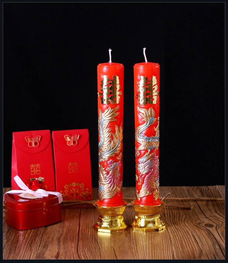 Red Dragon & Phoenix Double Happiness Candles