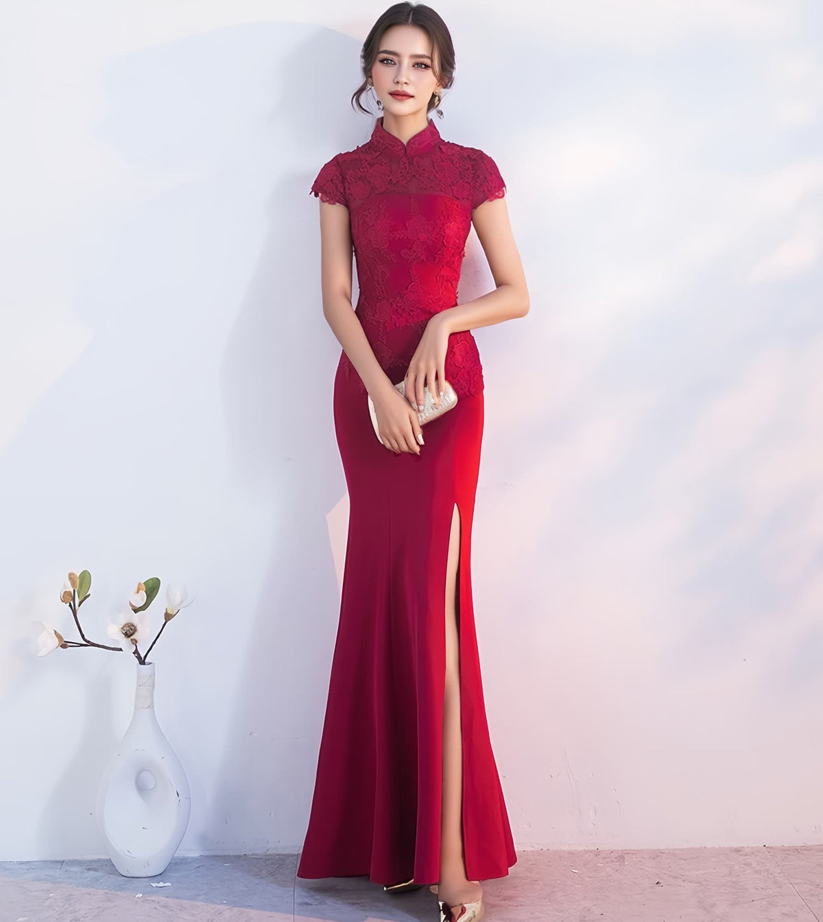 Modern Red Mermaid Qipao Wedding Dress with Lace