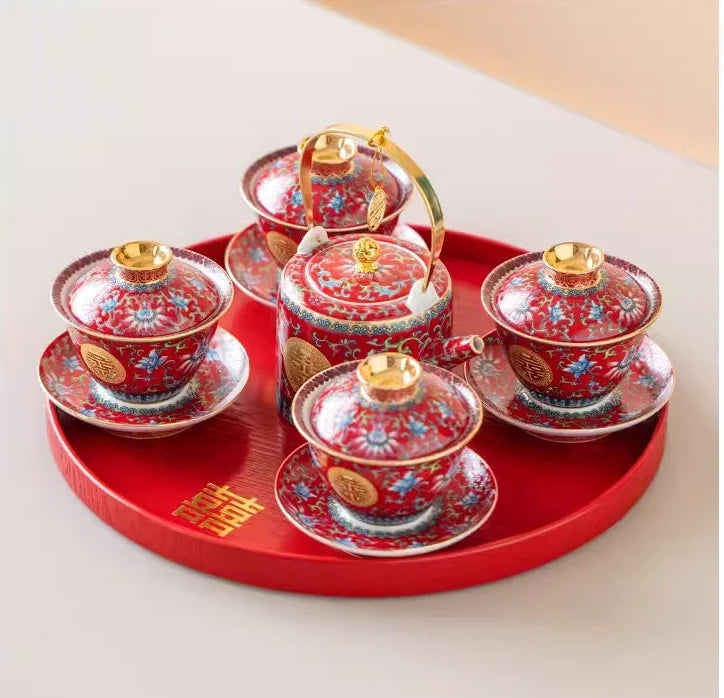 Floral Double Happiness Wedding Tea Set