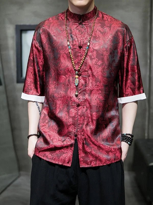 Men's Ice Silk Half-Sleeve Tang Suit Summer Shirt