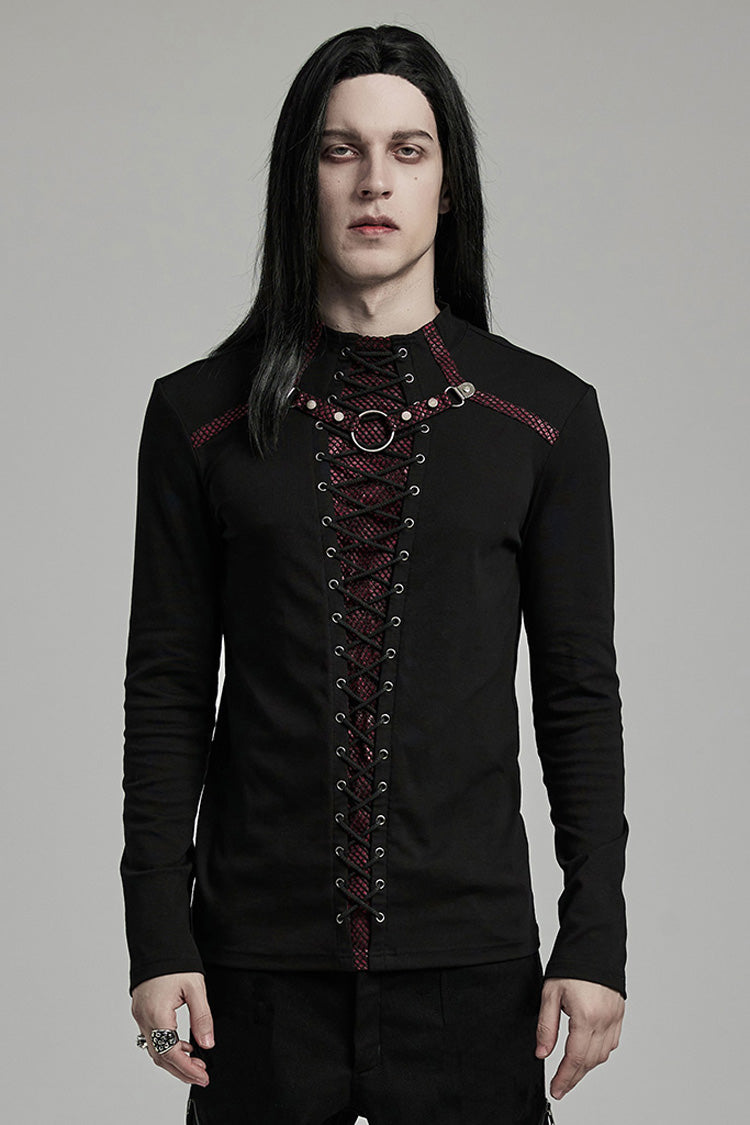 Black/Red Long Sleeves Stitching Lace-Up Ripped Men's Punk Blouse