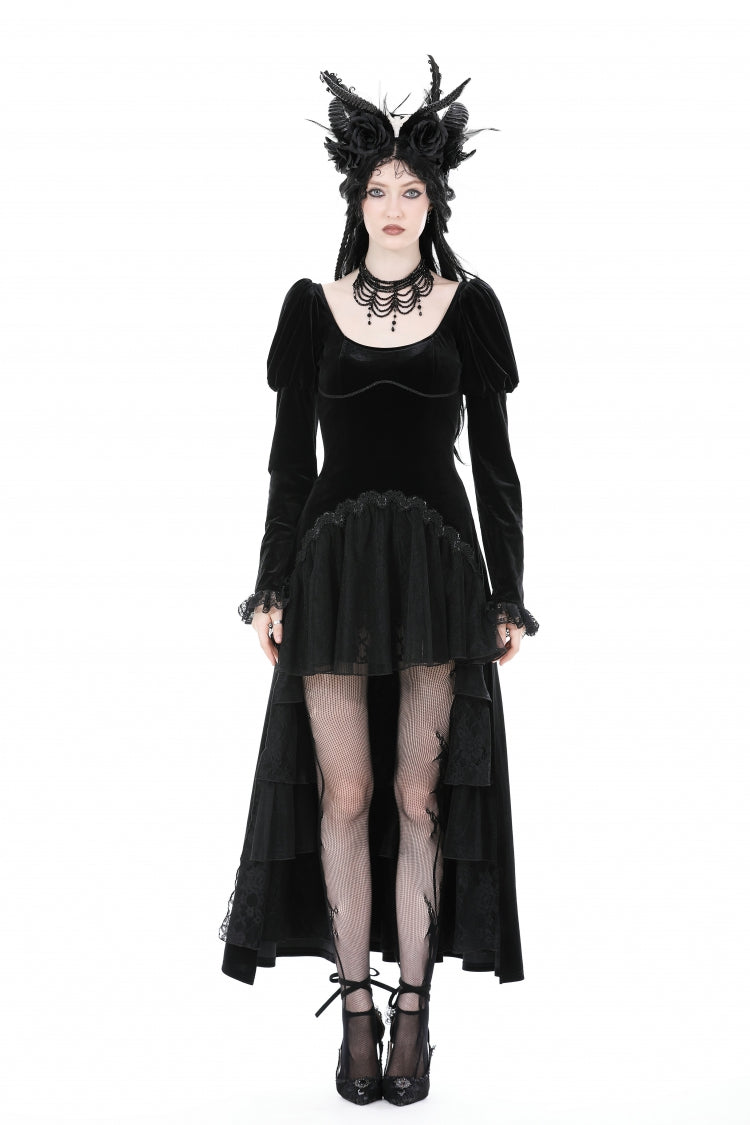 Black Round Collar Long Puff Sleeves Lace Lace-Up Hem High Low Women's Gothic Velvet Wedding Dress