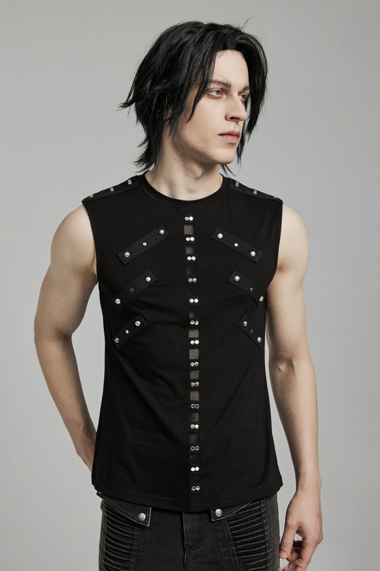 Black Spliced Slim Mesh Eyelet Men's Punk Vest