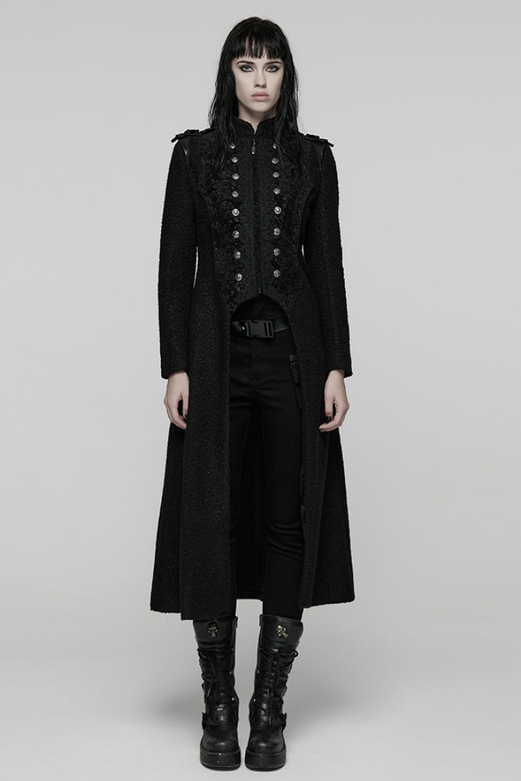 Black Stand Collar Long Sleeves Jacquard Zipper Double-Breasted Women's Punk Coat