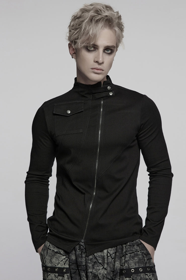 Black Stand Collar Long Sleeves Asymmetric Zipper Men's Punk Blouse