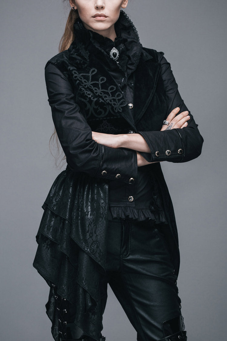 Black Spun Velvet Chinese Frog Button Floral Spiral Pattern Asymmetrical Hem Lace Up Women's Gothic Waistcoat