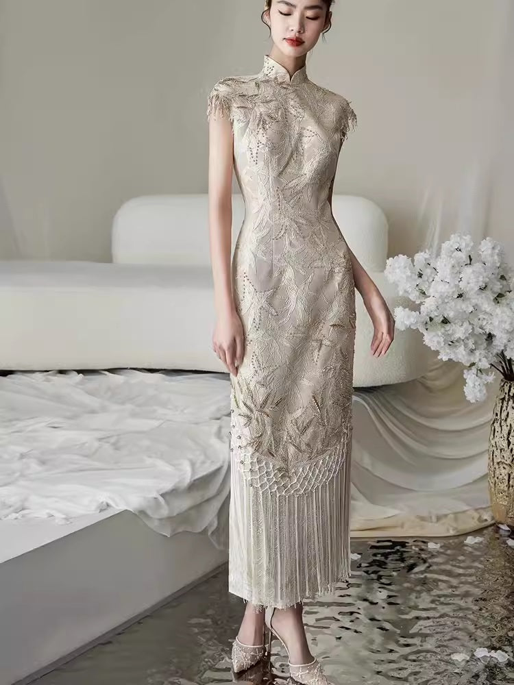 Ivory White Floral Fringe Qipao Dress