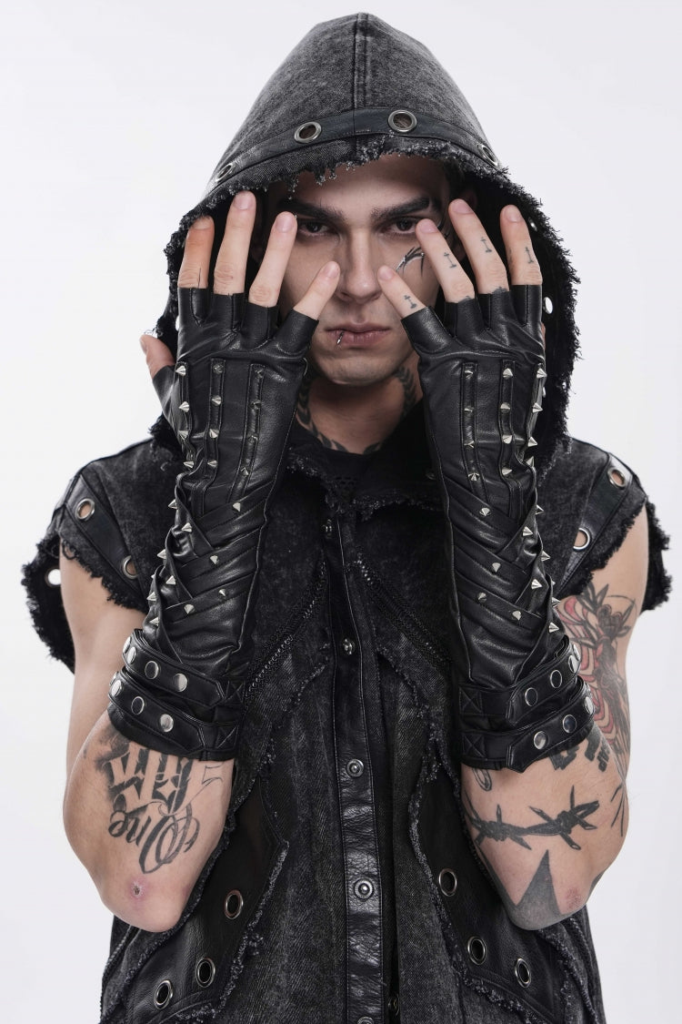 Black Studded Men's Punk Cool Fingerless Gloves