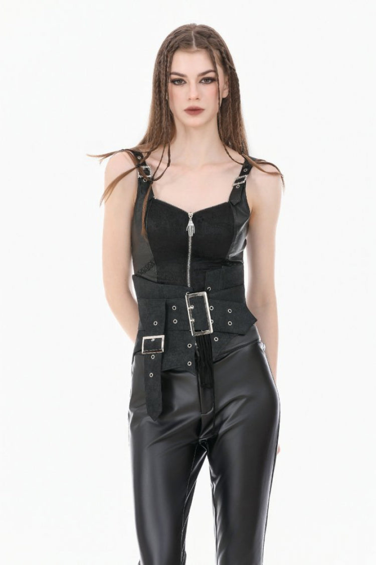 Washed Black Lace-Up Buckled Eyelet Women's Punk Asymmetric Corset Waist Belt