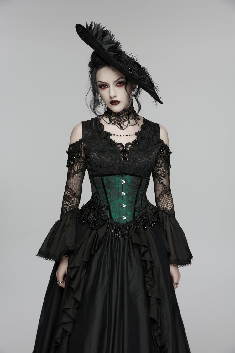 Black/Green Jacquard Lace-Up Slim Women's Gothic Tassels Corset