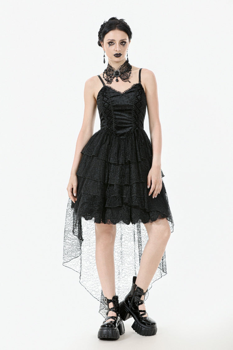 Black Sleeveless Multi-Layered Lace Women's Gothic Fishtail Slip Dress Graduation Dress