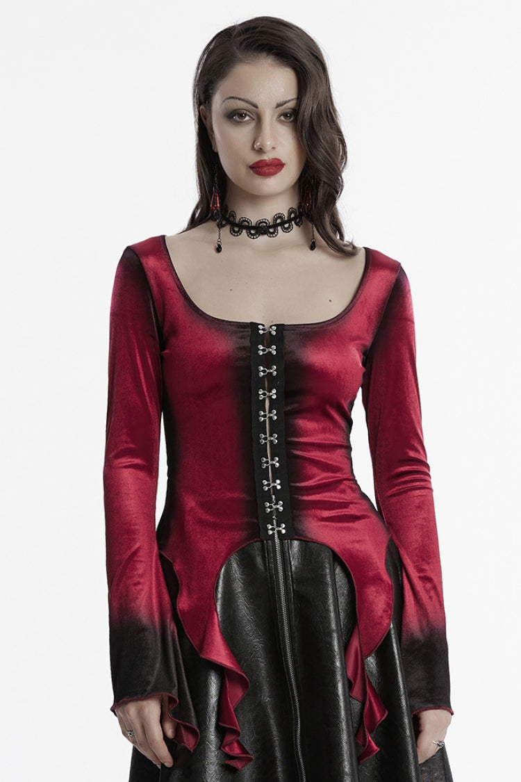 Red Long Sleeves Gradient Irregular Women's Gothic Blouse
