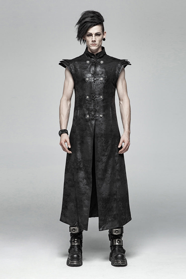 Black Angel's Wings Faux Leather Stand Collar Sleeveless Men's Gothic Vintage Maxi Vest