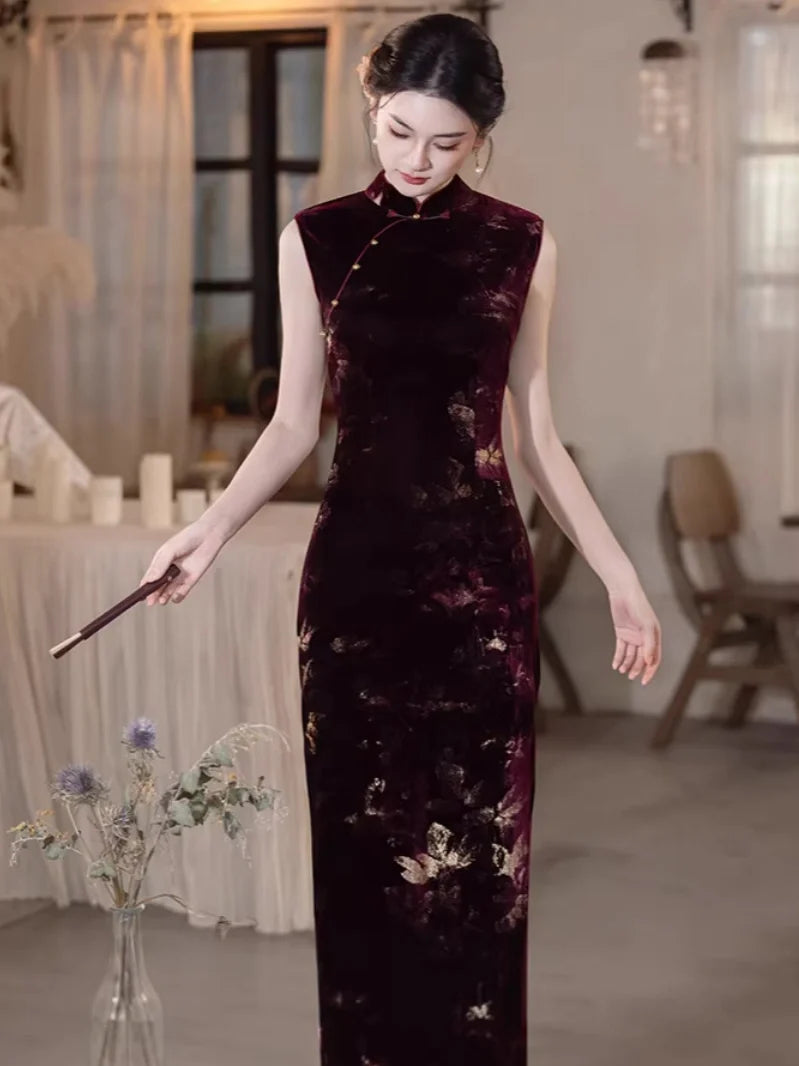 Burgundy Velvet Gold Floral Burnout Sleeveless Qipao