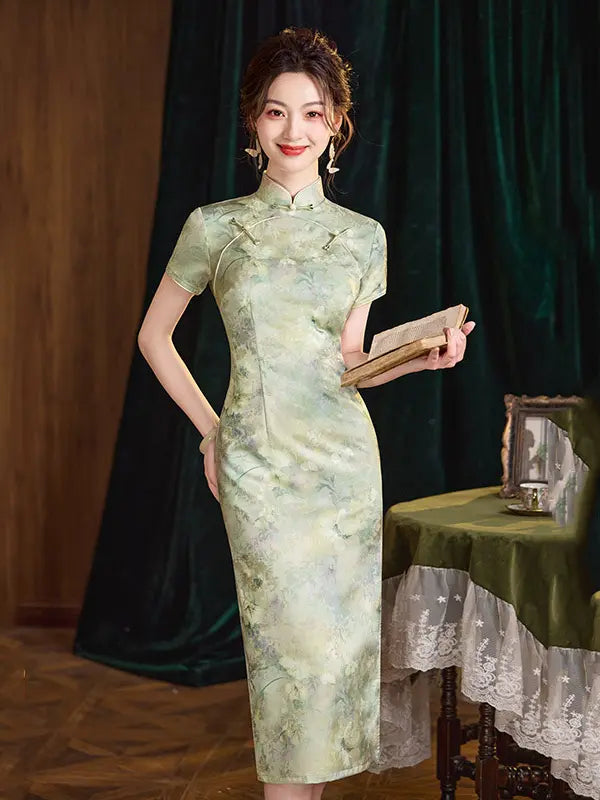 Sage Green Floral Double-Breasted Long Qipao Dress