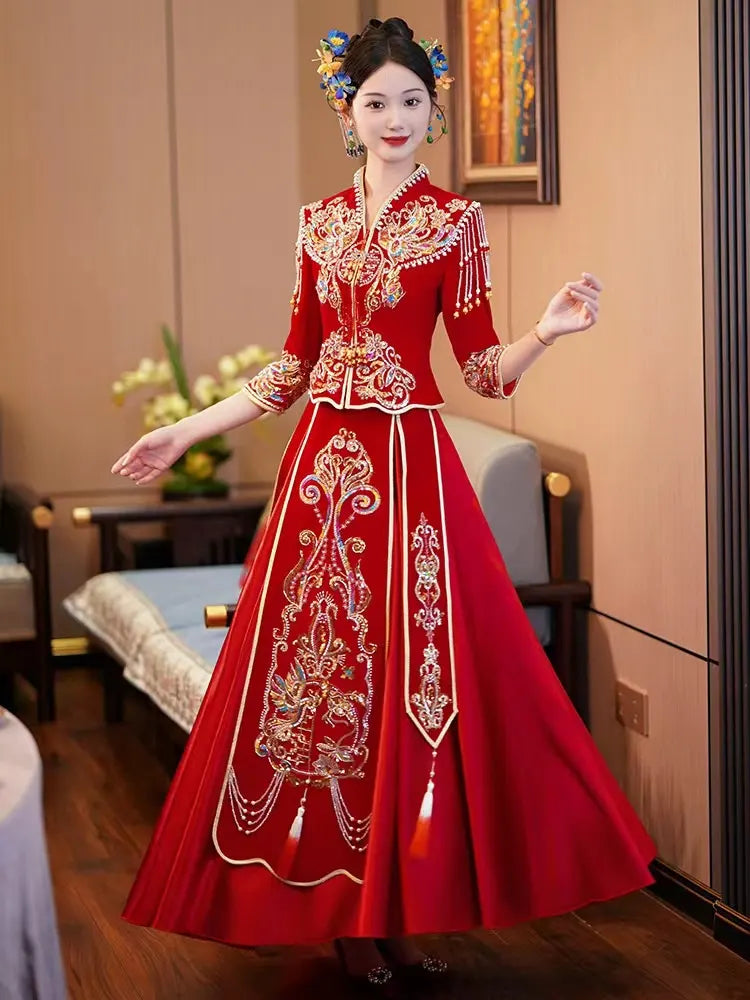 Modern Red Qun Kwa / Xiuhe Chinese Wedding Gown - Plus Sizes available