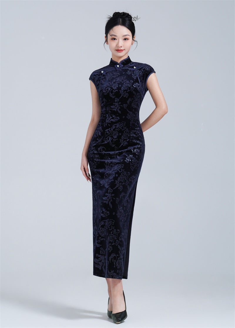 Midnight Blue Sleeveless Velvet Qipao Dress