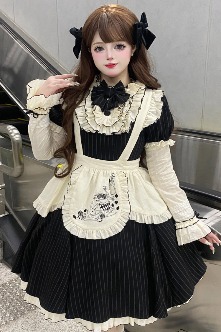 Black Short Sleeves Stripe Print Ruffle Bowknot Sweet Plus Size Maid Lolita Dress