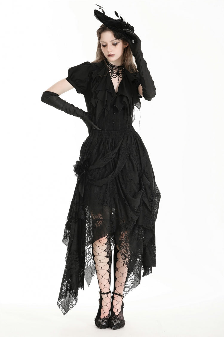 Black Women's Gothic Lace Irregular Distressed Hanky‑Hem Skirt