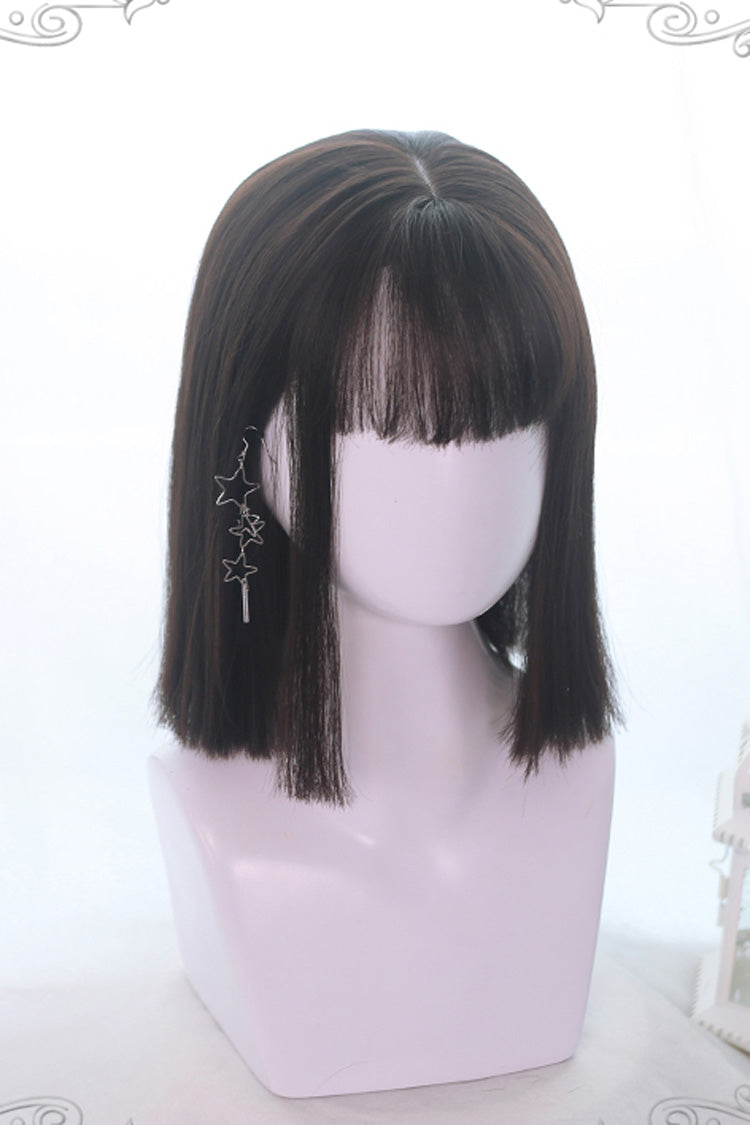 Brown Air Bangs Medium Long Straight Hair Sweet Lolita Wig