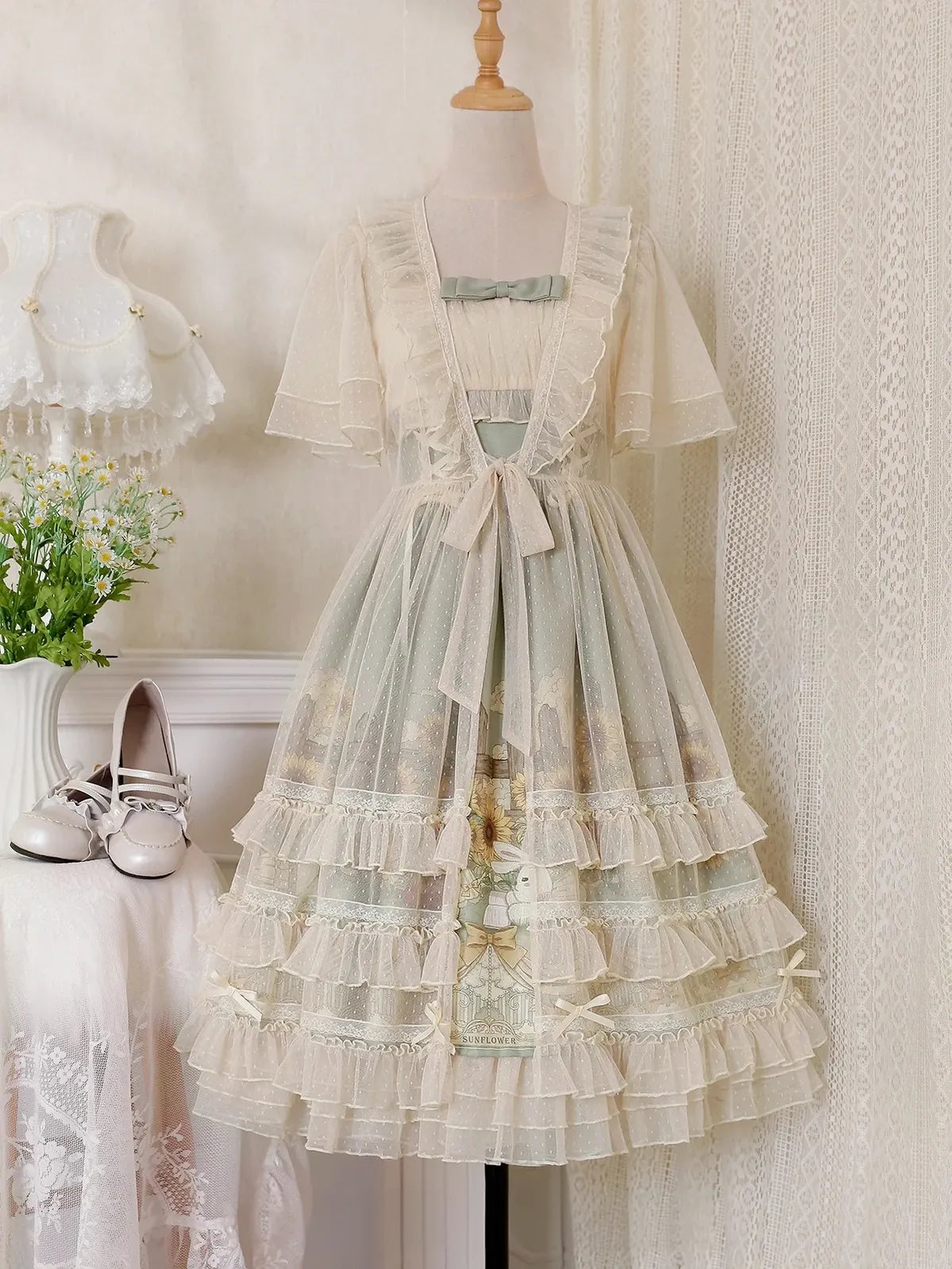 Flower and Letter - Classic Lolita JSK Dress, Sunflower and Bunny Print