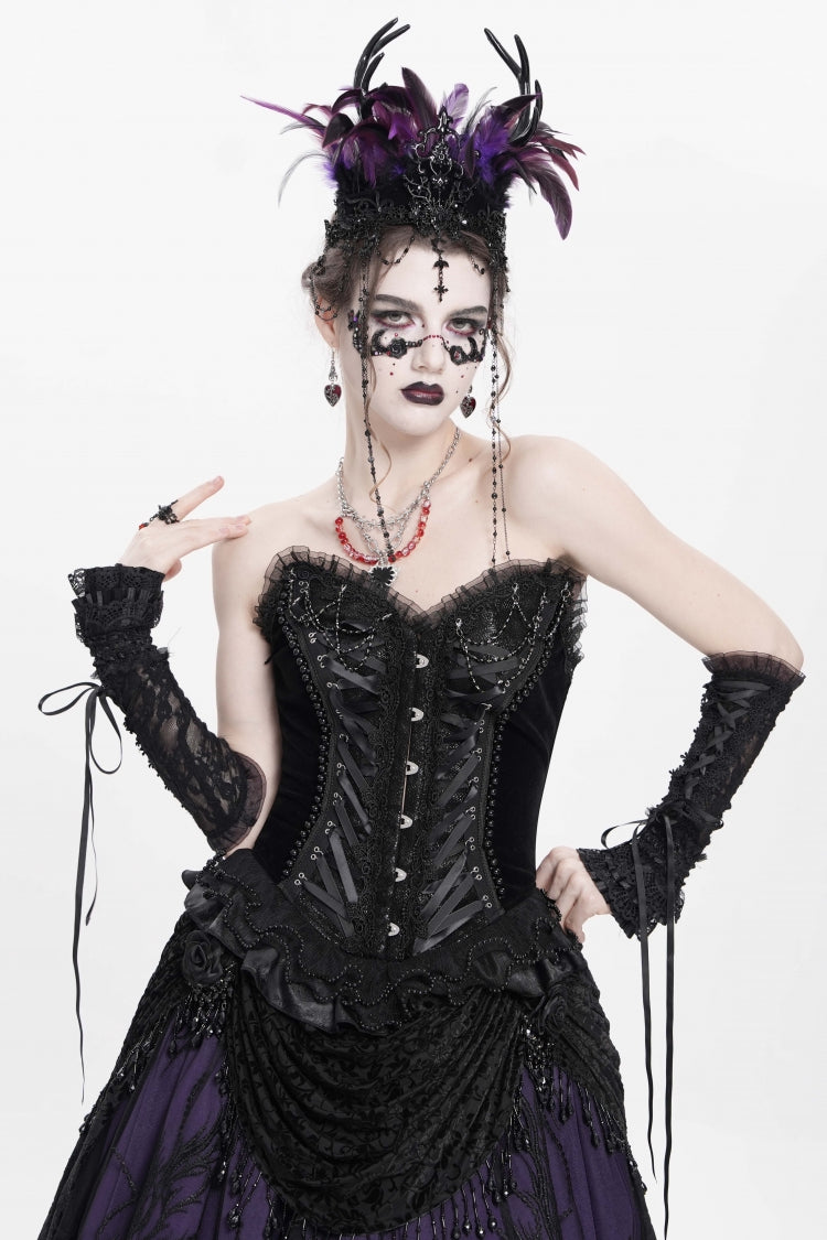 Black Sleeveless Beaded Lace Lace-Up Women's Gothic Overbust Corset