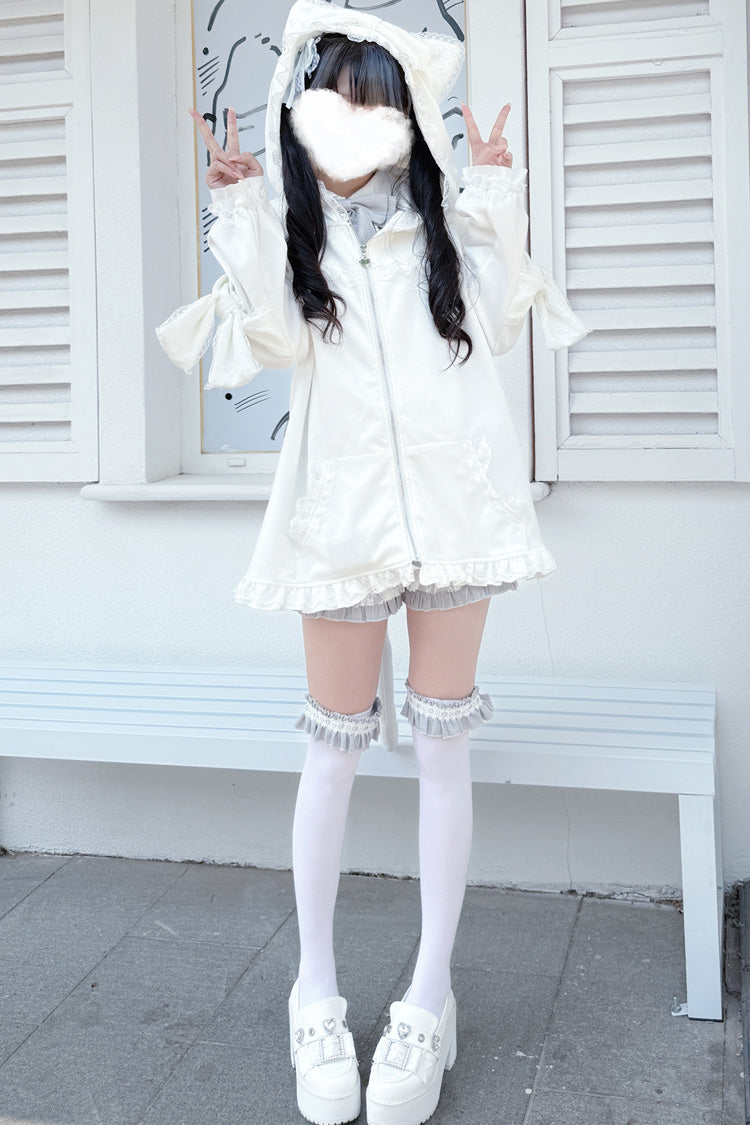 White Long Sleeves Cat Ears and Tail Ruffle Bowknot Hooded Gothic Jirai Kei Coat