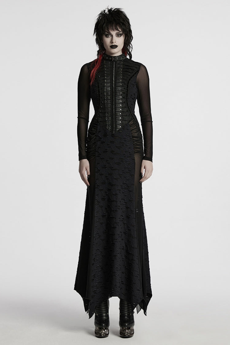 Black Stand Collar Long Sleeves Stitching Mesh Ripped Women's Punk Fishtailed Dress