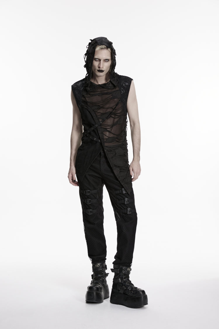 Black Sleeveless Cut-Out Spliced Lace-Up Hooded Sheer Asymmetric Eyelet Men's Punk Handsome Vest
