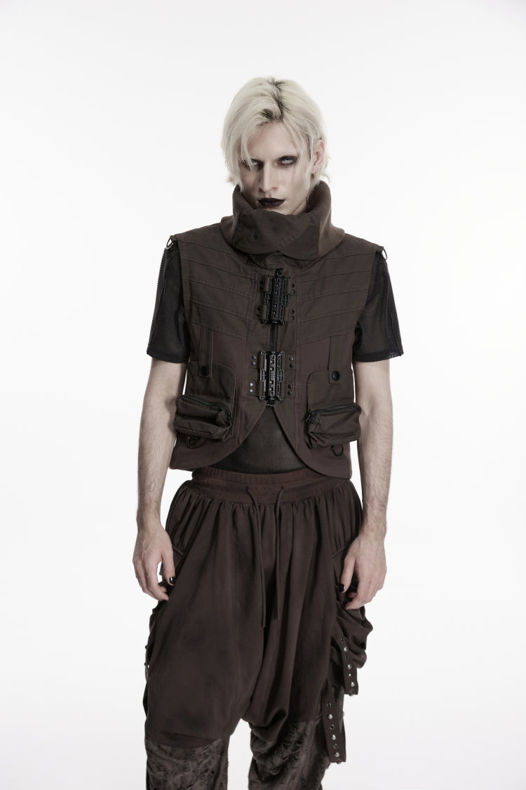 Black Stand Collar Sleeveless Men's Punk Patch Pockets Convertible Collar Vest Vest
