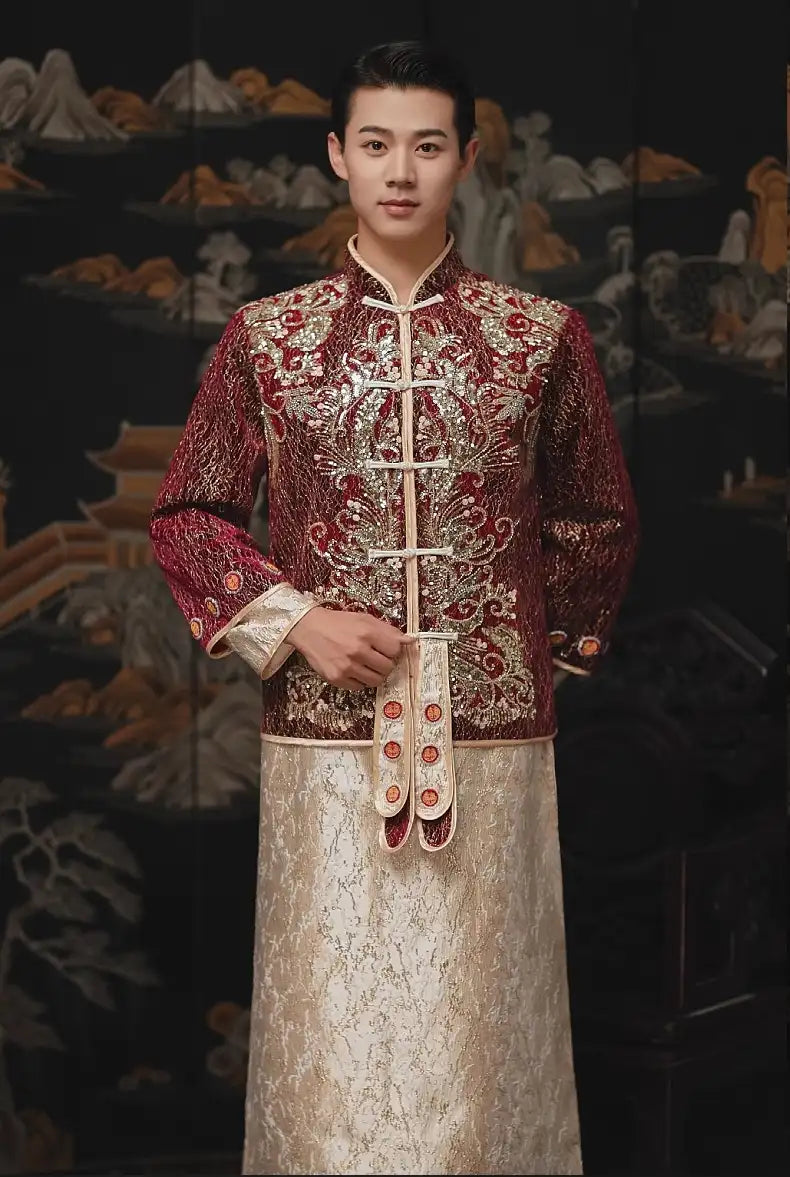 Burgundy Red Groom Wedding Tang Suit Ma Gua | Shine