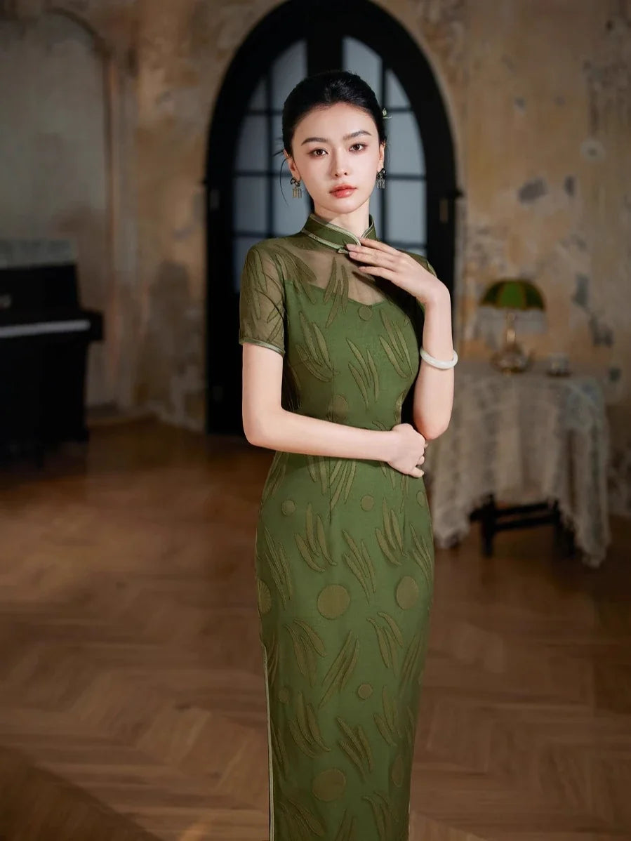 Modern Olive Green Sheer Qipao Cheongsam Dress