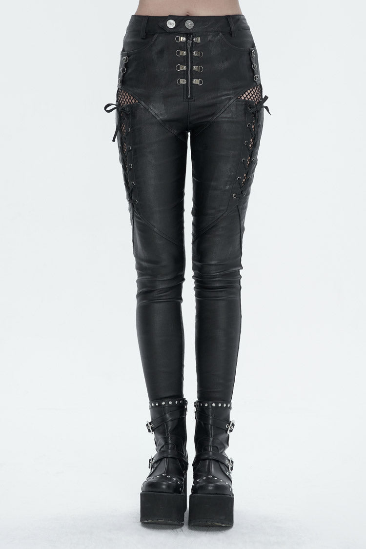Black Stretch Faux Leather Paneled Mesh Women's Punk Trousers